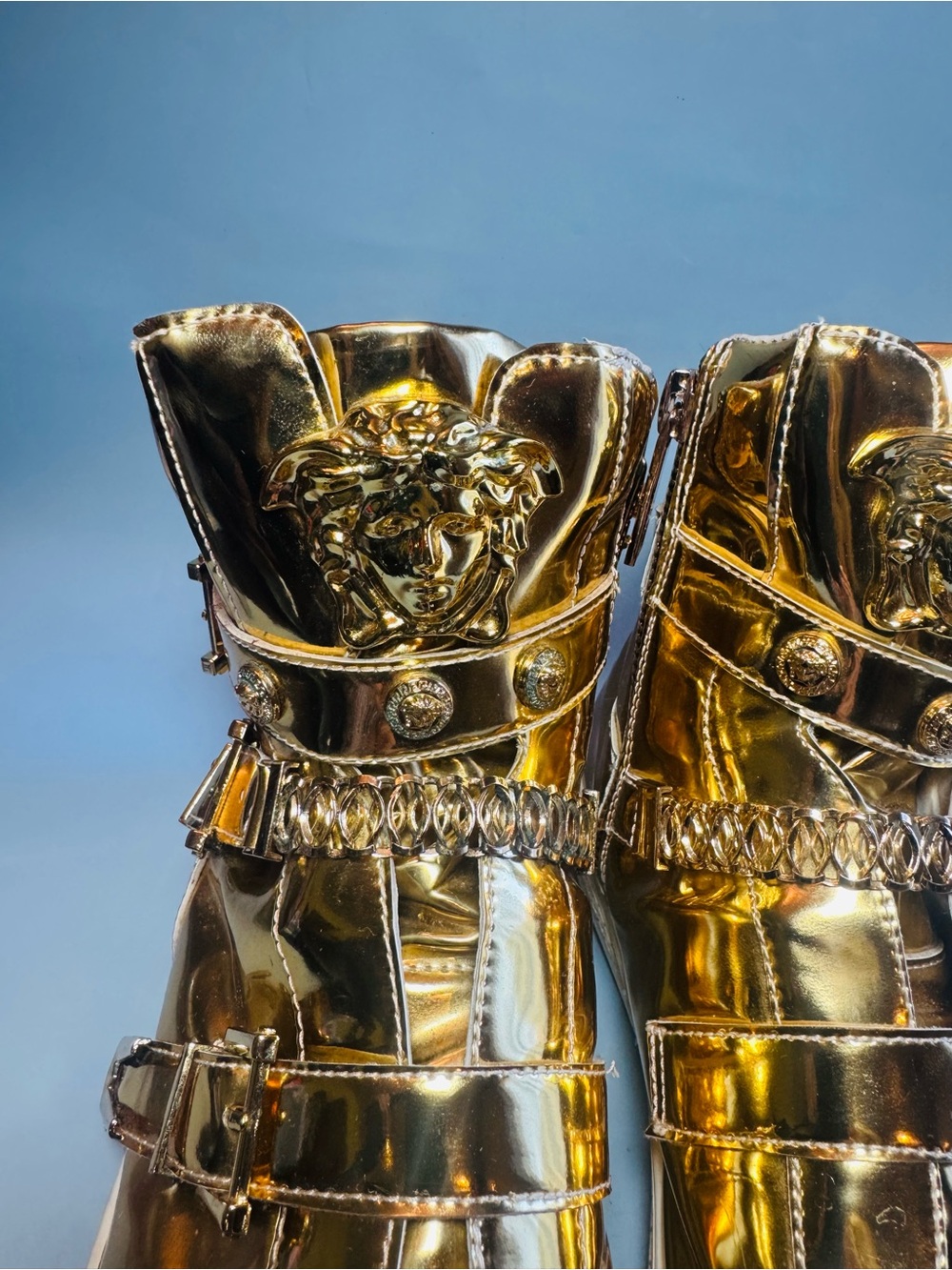 Versace Metallic Gold High-Top Sneakers with Medusa Plaques - Picture 4 of 16